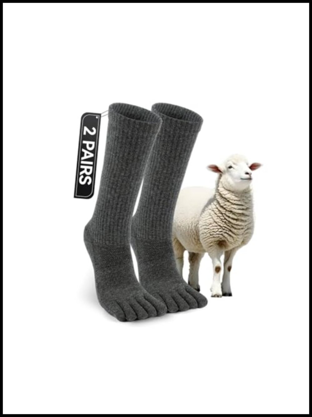 Merino Wool Toe Socks Cushioned Anti-Blister Mid-Calf 2 Pairs